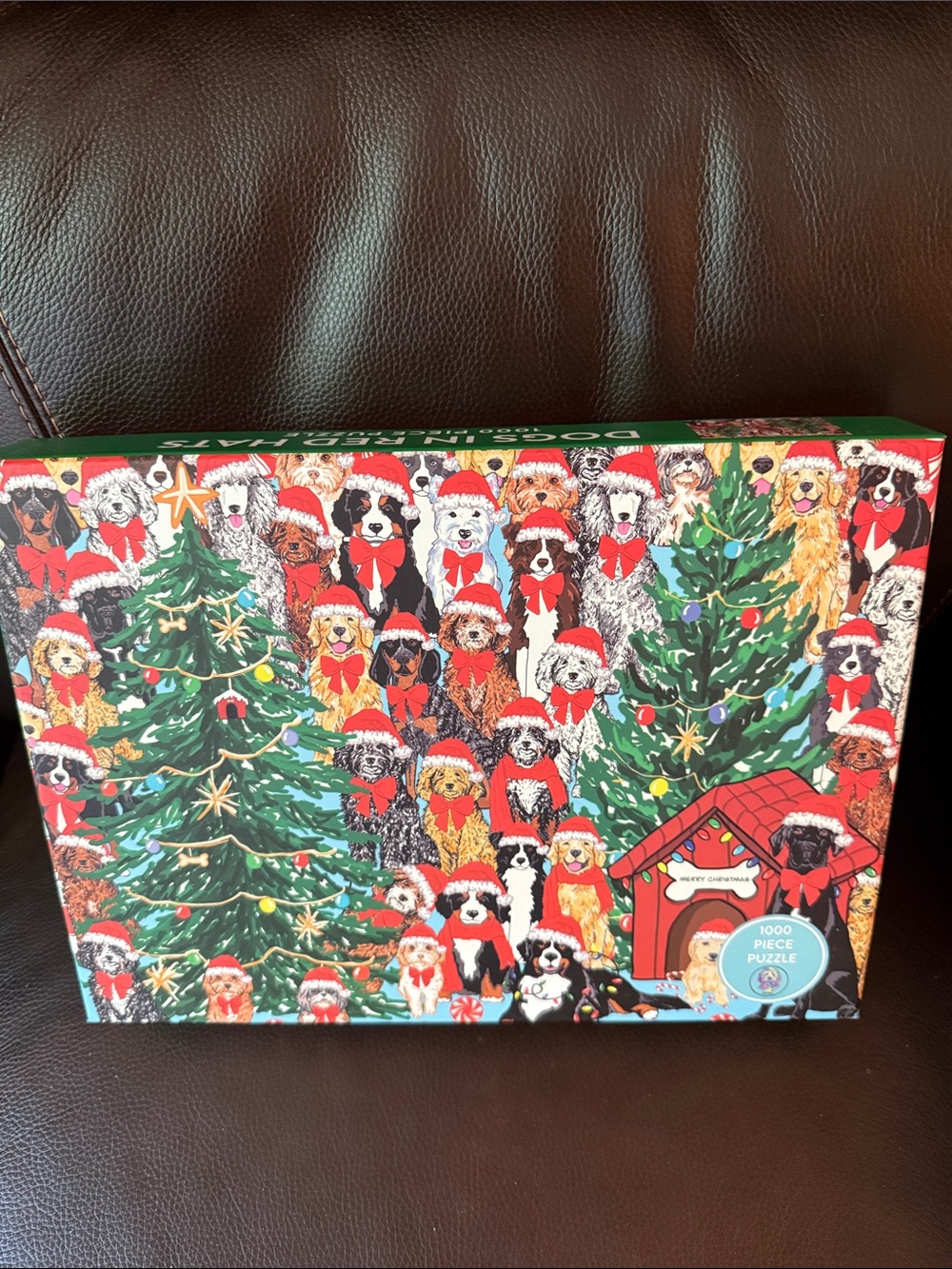 Dogs in Red Hats 1000-piece holiday jigsaw puzzle by Eccolo with poster